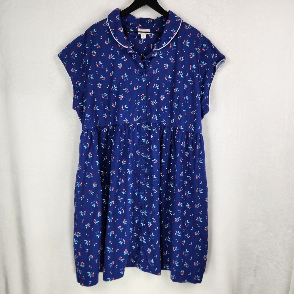 Lanz of Salzburg Nightgown Women 3X Blue Cherry Print Button Front Sleep Dress